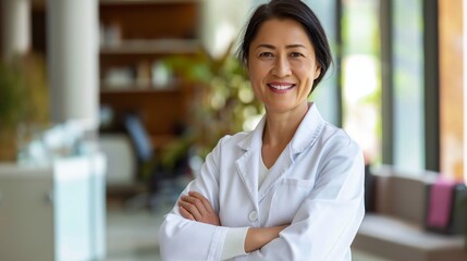 East Asian Female Doctor in White Coat Smiling, Professional in Modern Medical Office, Healthcare Concept