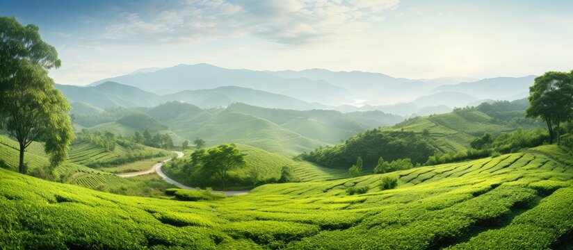 Beautiful scenery of the tea plantation area with green leaf covered the hillside and road crossing. Creative banner. Copyspace image