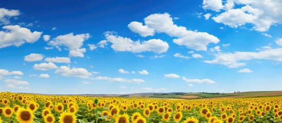 Blue summer sky and a field of sunflowers. Creative banner. Copyspace image