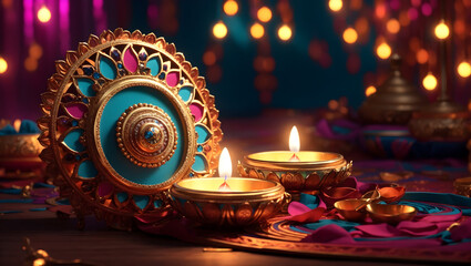 Diwali background design with diya lamp featuring a unique combination of bold shapes and patterns