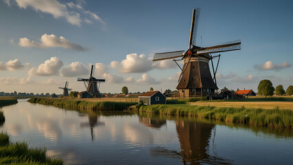 Naklejka premium Traditional windmills in the Netherlands, iconic structures dotting the picturesque landscape, showcasing Dutch heritage and the beauty of pastoral scenery.