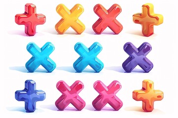 Obraz premium Vibrant 3D plus signs in a variety of colors, representing mathematical or medical concepts. Abstract illustration on a white background.