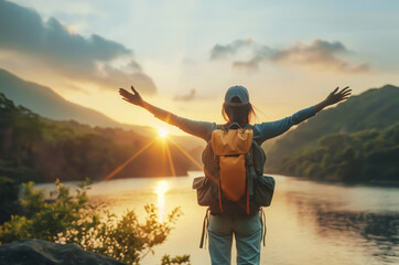 Back view of happy excited woman raising arms up to sky  traveler enjoying summer sunset at the beach Travel, mental health, success, business, tourism and life style concept