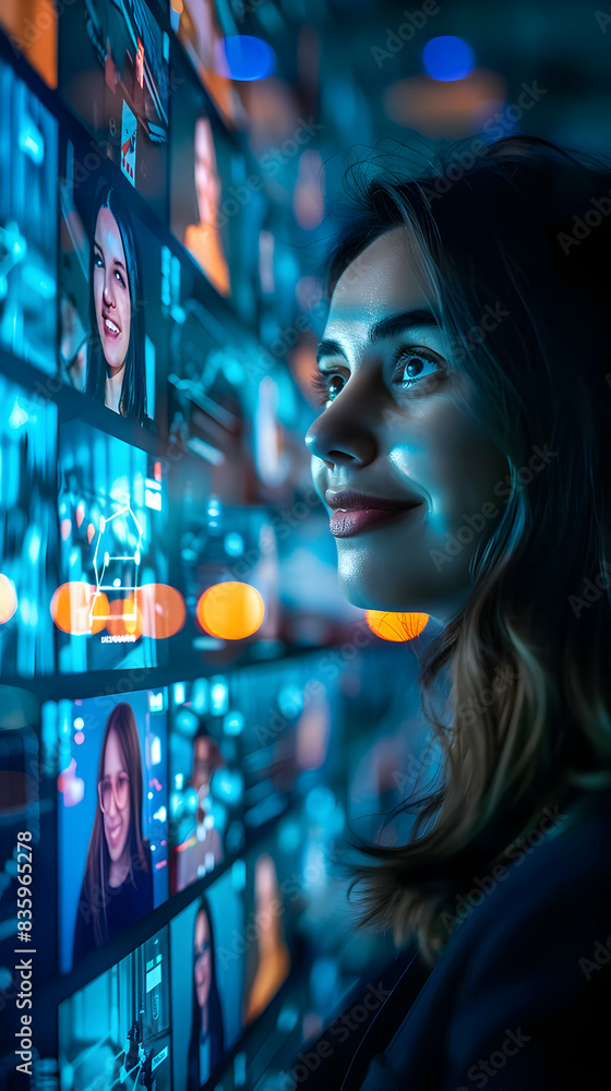 Poster connecting through video: happy digital network in virtual working environment. great for corporate 