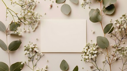 A blank white card mockup on an isolated beige background with eucalyptus leaves and baby's breath flowers.