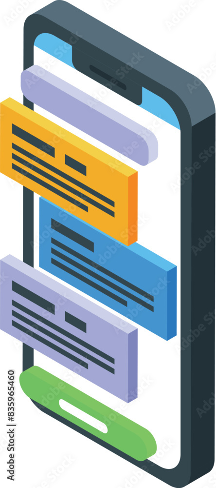 Poster colorful isometric illustration of a smartphone with a chat app interface and messages displayed