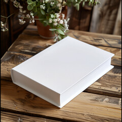 Fototapeta premium stock of book mockup, A beautifully designed white packaging mockup book, placed on a wooden table, front view