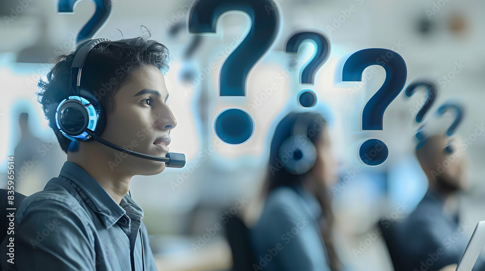 Poster photo realistic help desk concept with question marks: a representative profile symbolizing problem 
