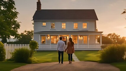 Couple in front of their big modern house, rear view. Happy young family standing looking on their new property. Buying home of dream. Mortgage, home loan concept