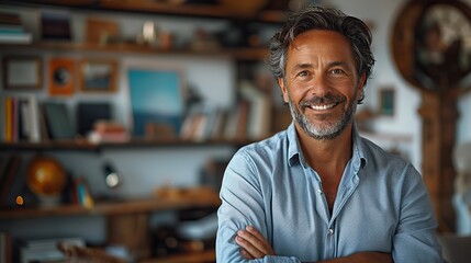 leader in business smiles and looks into the camera while standing in his office male corporate executive manager ceo posing for a professional portrait while with his arms folded. stock image