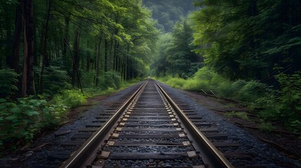 Fototapeta premium Railway tracks in a forest, with green trees on both sides. The photograph is in the style of railway tracks in a forest.