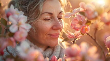 Fototapeta premium A woman happily pollinates apple blossoms using a brush, basking in the warm sunlight.