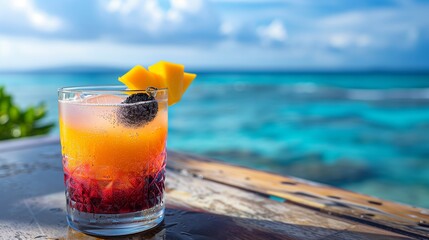 Chilled Mango And Blackberry Cocktail On Beachside Table With Ocean View And Bright Tropical Sky