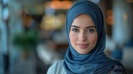face of a muslim business woman in hijab proud for company values mission and inclusion culture in office workplace corporate and happy islamic employee or worker with vision .stock illustration