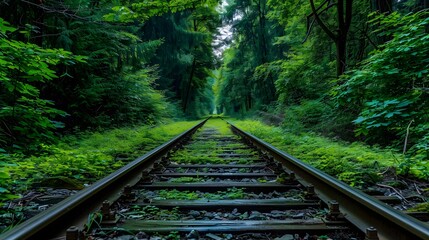 Fototapeta premium Railway tracks in a forest, with green trees on both sides. The photograph is in the style of railway tracks in a forest.