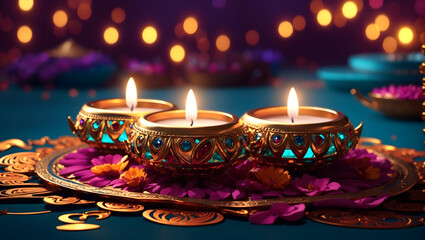 Diwali background design with diya lamp featuring a unique combination of bold shapes and patterns