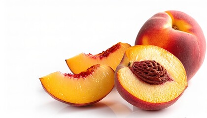 peach - Prunus persica - is a deciduous tree whos fruit was first domesticated and cultivated in China. Similar to a nectarine but with a fuzzy furry skin. Isolated on white background with copy space
