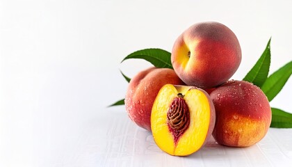 peach - Prunus persica - is a deciduous tree whos fruit was first domesticated and cultivated in China. Similar to a nectarine but with a fuzzy furry skin. Isolated on white background with copy space
