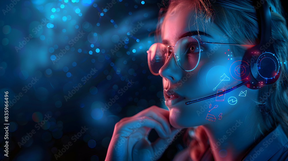 Poster photo realistic illustration of it support professional with faq overlay, symbolizing efficient tech