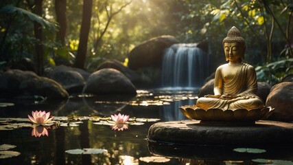 serene and profound beauty of Buddhism, emphasizing its principles of peace, mindfulness, and enlightenment. The scene should be set in a tranquil, natural environment, such as a lush forest or a sere