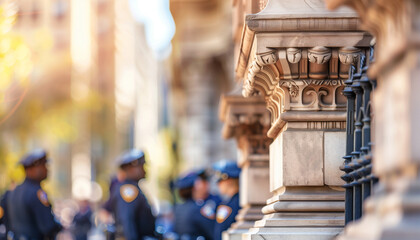 Obraz premium a close-up image of the exterior of a historic police station with an iconic architectural design, while the blurred background includes officers and citizens interacting, Exterior