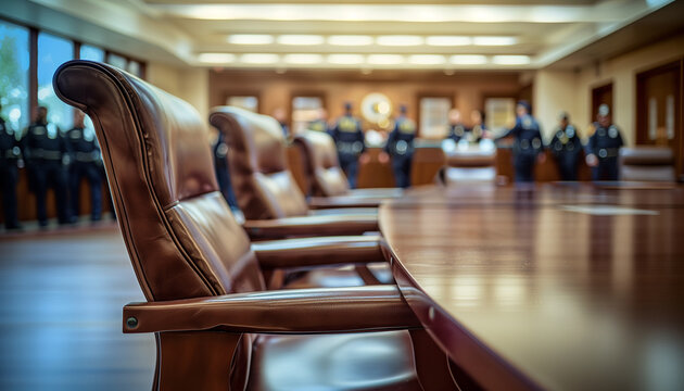 a detailed image of a police station's conference room with a large table and chairs, while the blurred background shows officers in a meeting, Interior, police, indoor, Police Dep