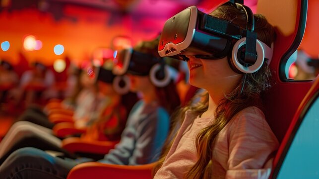 Photorealistic editorial photo of children immersed in VR experiences, highlighting their reactions and interaction with the virtual world