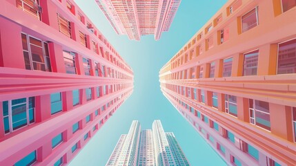 Symmetrical vertical patterns in a photorealistic urban setting, showcasing towering buildings with pastel colors