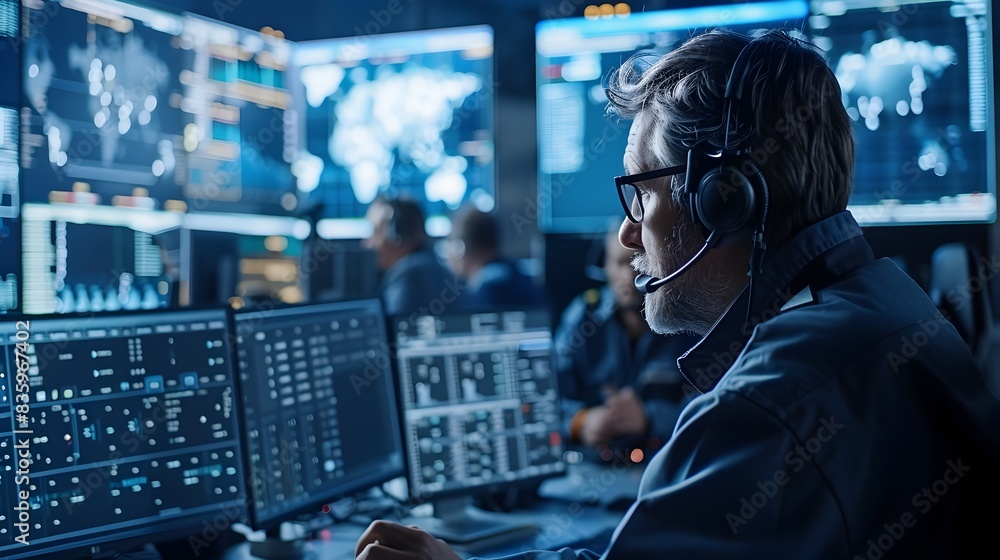 Poster cybersecurity professionals monitoring network status and threats in real time on digital dashboard