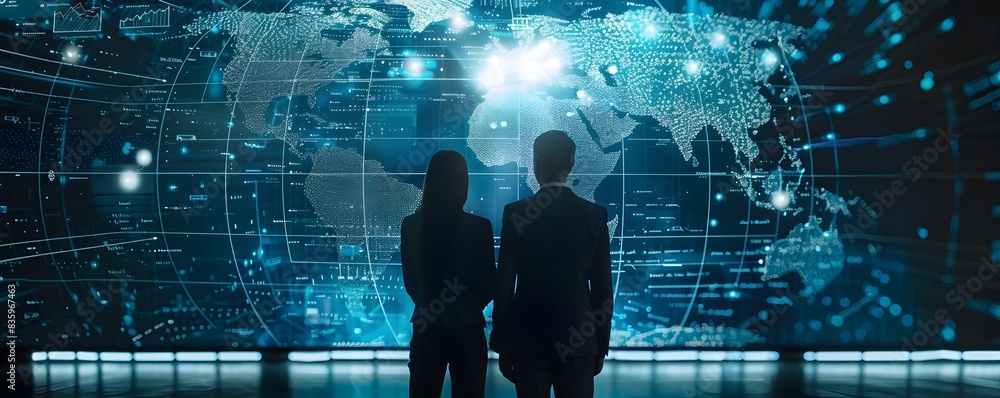 Poster logistics managers tracking global shipments on digital maps for real time business networking and c