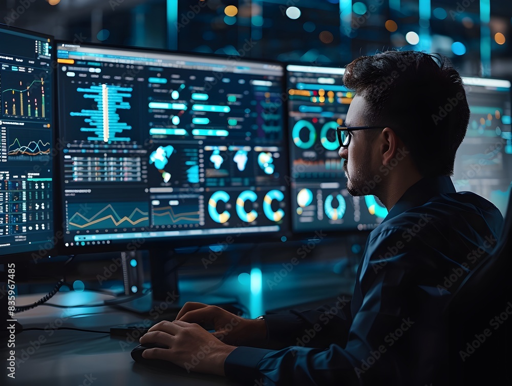 Poster data scientists analyzing big data for market insights on dual monitors in a technology networking a
