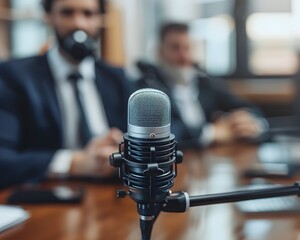 Corporate podcast recording session discussing digital business trends and networking in modern technology office workspace