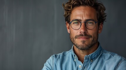 Obraz premium portrait of a man with blue shirt on gray background .hight relustion