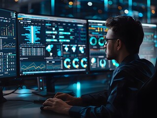 Fototapeta premium Data Scientists Analyzing Big Data for Market Insights on Dual Monitors in a Technology Networking and Digital Communication Business Concept