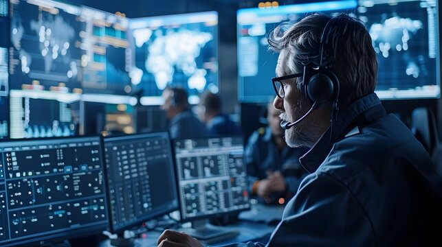 Cybersecurity professionals monitoring network status and threats in real time on digital dashboard