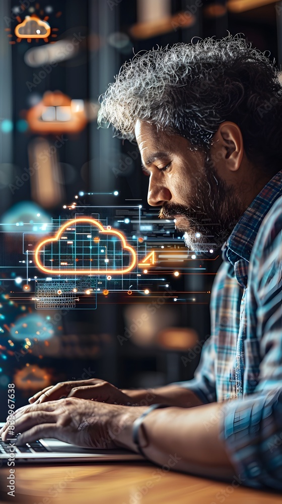  engineer programming cloud infrastructure on laptop with code and diagrams