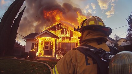 First person view of a firefighter in action, capturing the intensity and color of the house