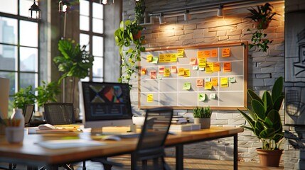 Realistic office setup highlighting a Kanban wall, illustrating efficient project tracking