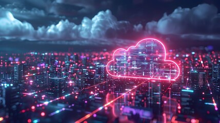 Fototapeta premium IoT Devices Communicating with Smart City Cloud Network Futuristic Nightscape Visualization