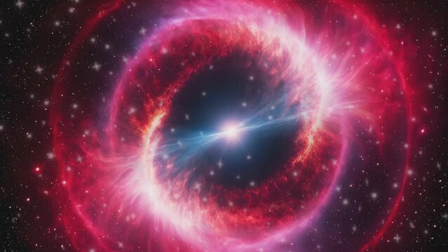 Outer space animation Red Pink Space flight to Helix nebula eye of God in Deep Space. Flying star field in to flare light at center. Universe Space Loop background. Dust particles Clouds.