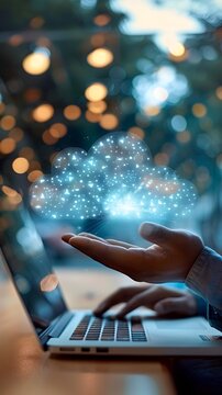 Freelancer Managing Cloud Based Accounting and Expense Tracking on Laptop with Glowing Ethereal Background