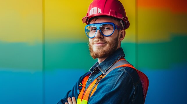 Generate an image illustrating LGBTQ+ representation in the engineering and construction fields through editorial photography.