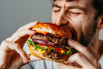 21th July - National junk food day. Hungry young man eating tasty hamburger
