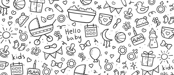 Hand drawn horizontal background of baby objects and elements. Simple wallpaper template design. Vector illustration.