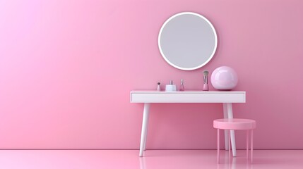 Vibrant white makeup table with mirror and light, set against a pastel pink wall for an elegant beauty studio setting.