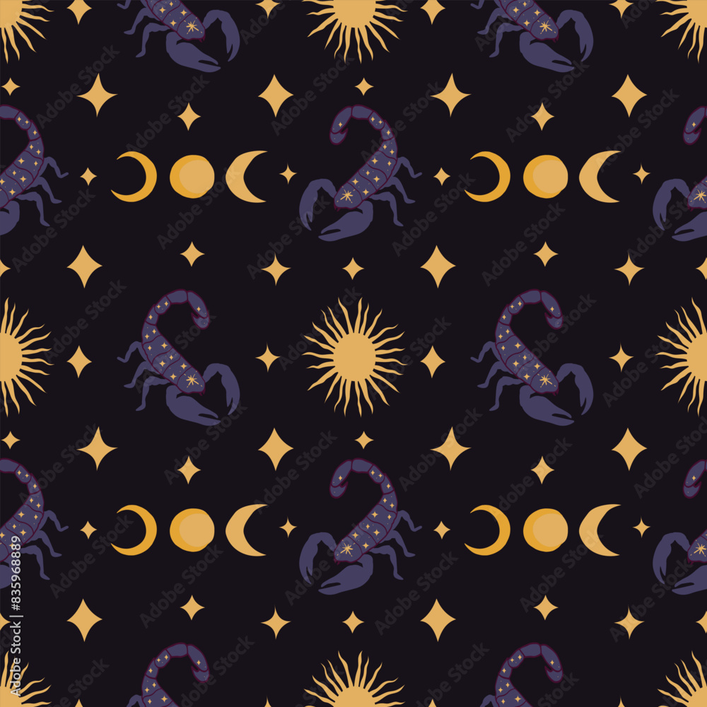 Wall mural vector seamless pattern with scorpio and stars on a dark background. endless pattern with hand-drawn
