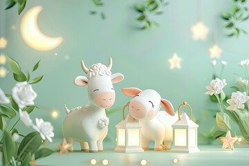 white islamic decoration background, moon and islamic lantern with a cute goat and white cow cartoon standing and smiling 