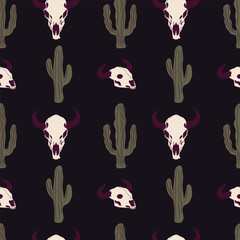 Wild west dark ornament. Vector seamless pattern with buffalo skulls and cacti.
