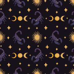 Vector seamless pattern with scorpio and stars on a dark background. Endless pattern with hand-drawn astrological elements.