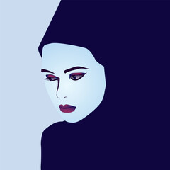 Graphic oriental girl in hijab, purple and gray tones.